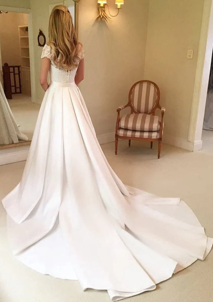 Wholesale A-Line/Princess V-Neck Floor-Length Lace Wedding Dress